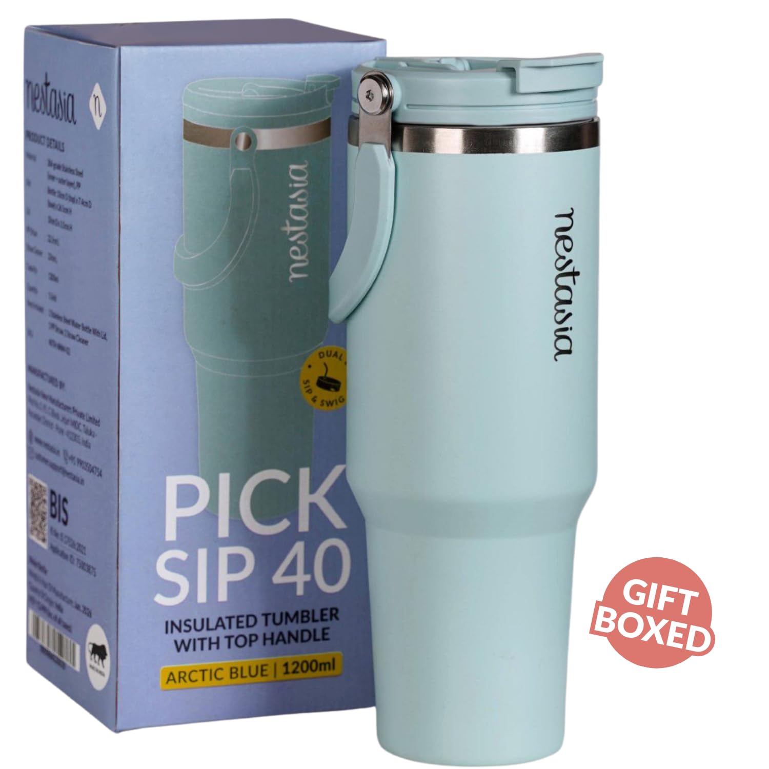 Nestasia PickSip40 Tumbler with Straw & Top Handle 1.2L | Insulated Stainless Steel Sipper Water Bottle for Adults with Dual Flip Opening Sip-Swig Leakproof Lid for Office & Gym (Arctic Blue)