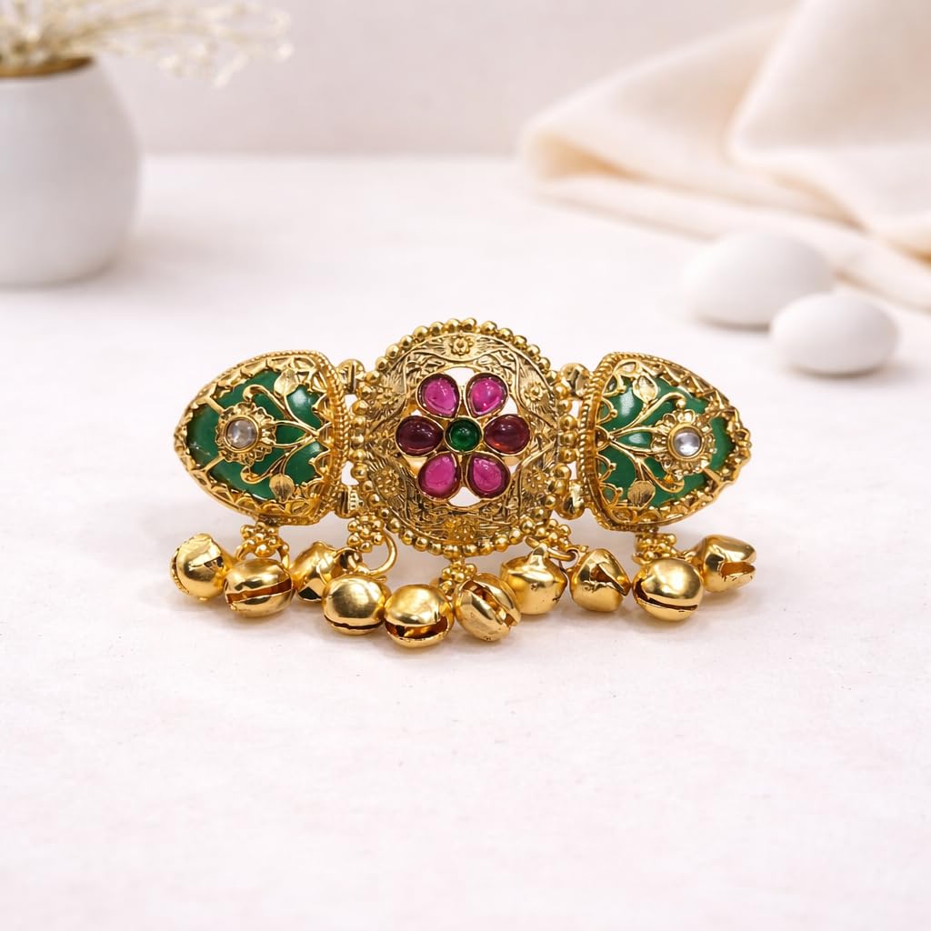 STREE STORE Gold Plated Antique Ring with Polki Diamond Floral Design for Women & Girls | Adjustable Traditional Ghunghru Green Stone Finger Ring