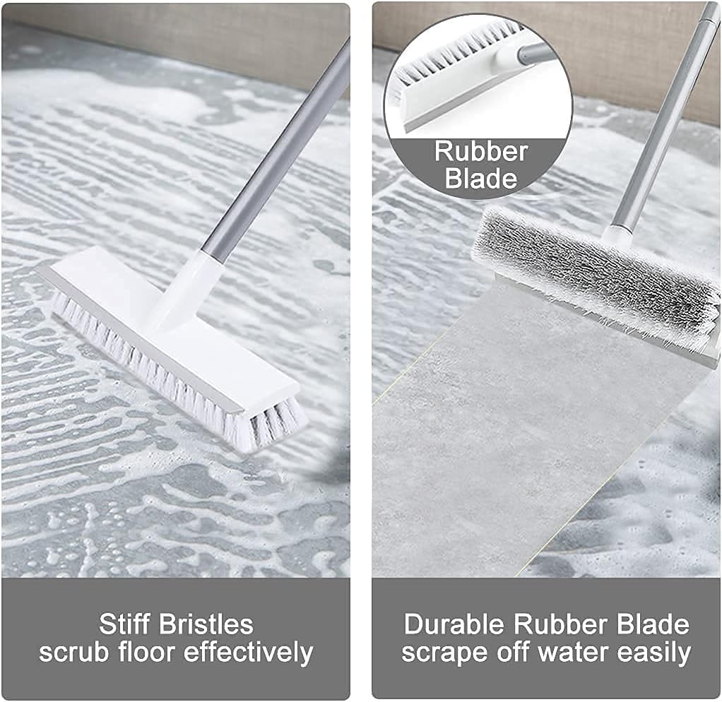 Miltion Multifunctional 2 in 1 Bathroom Cleaning Brush with Wiper, Long Handle Floor and Tiles Scrub Brush, 120° Rotating Head, White