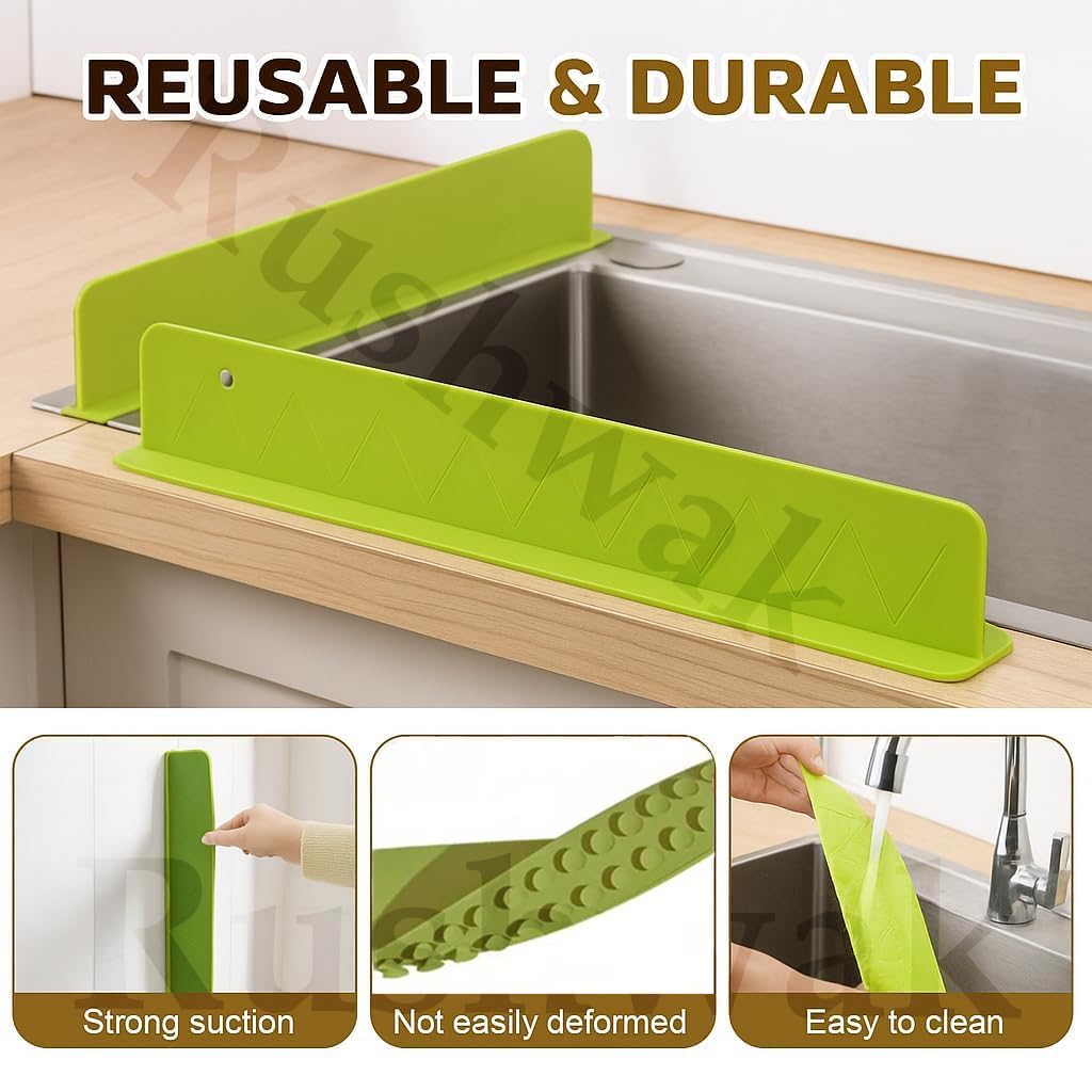 Rushwak 2PCS X 48CM Silicone Sink Splash Guard in Kitchen Sink Water Splash Guard with Strong Suction Cups Waterproof Countertop & Stove Protector Flexible Anti Splash Baffle for Kitchen & Bathroom