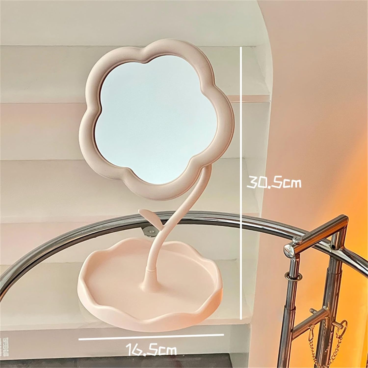 CALFHEAD Flower-Shaped Makeup Mirror, Rotatable Makeup Mirror with Tray Table Vanity Mirror Cute Flower-Shaped Mirror for Tabletop, Bedroom, Bathroom, Living Room(29L*16W)