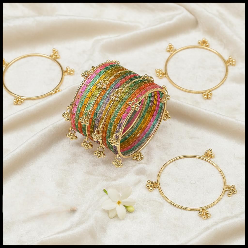 KAYASHA Light multi Kashmiri Ghangharoo Glass Bangle Set for Women| Light Weight Bangles | Traditional Transparent Fancy Glass Chudi Set for Wedding, Party| set of 16