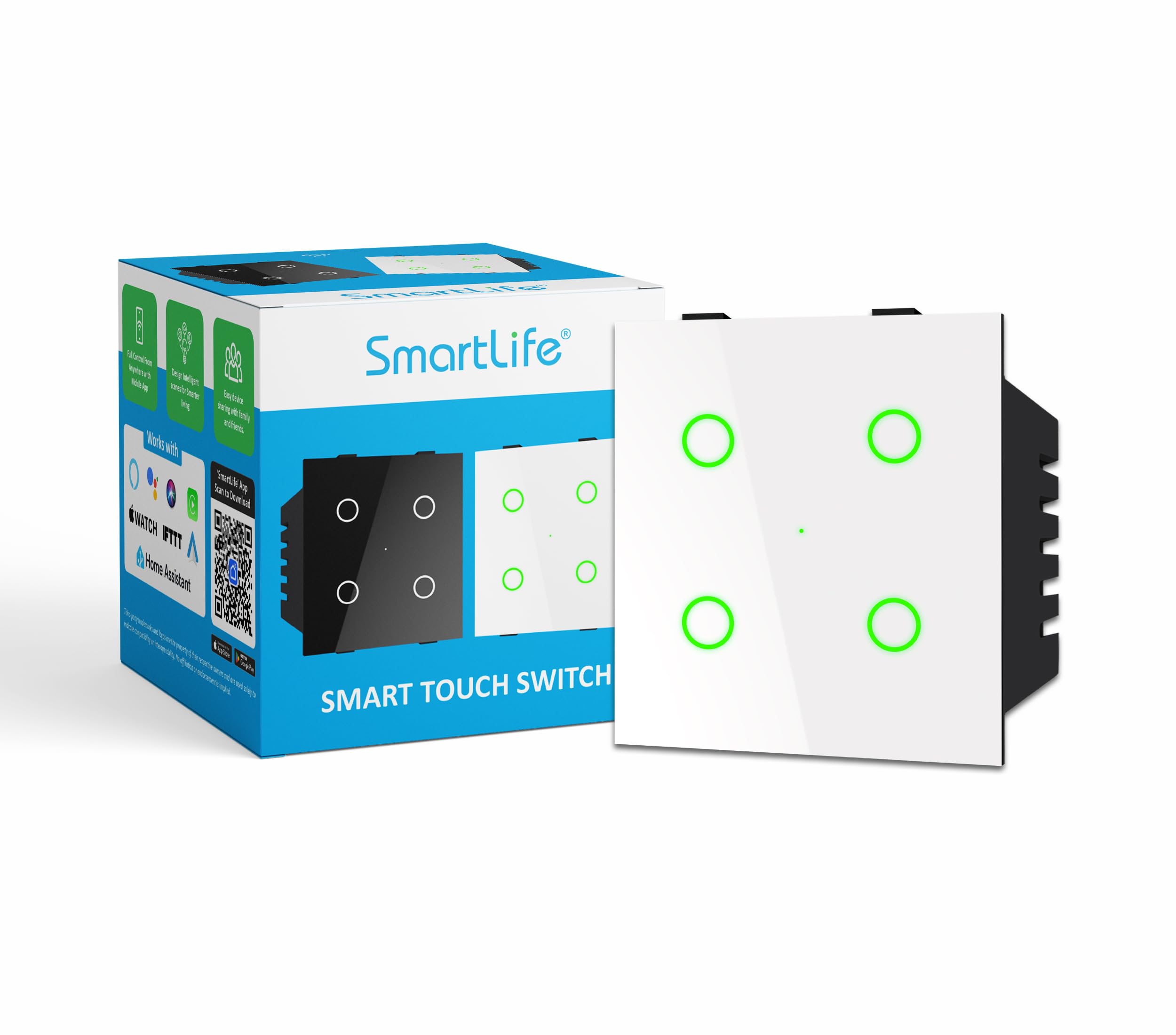 SmartLife Modular 4 Gang Touch Smart Switch (White) | WiFi + BLE | Premium Glass Finish | Compatible with Alexa, Google Assistant, HA, IFTTT & SmartLife App | Fits Roma & Similar Plates