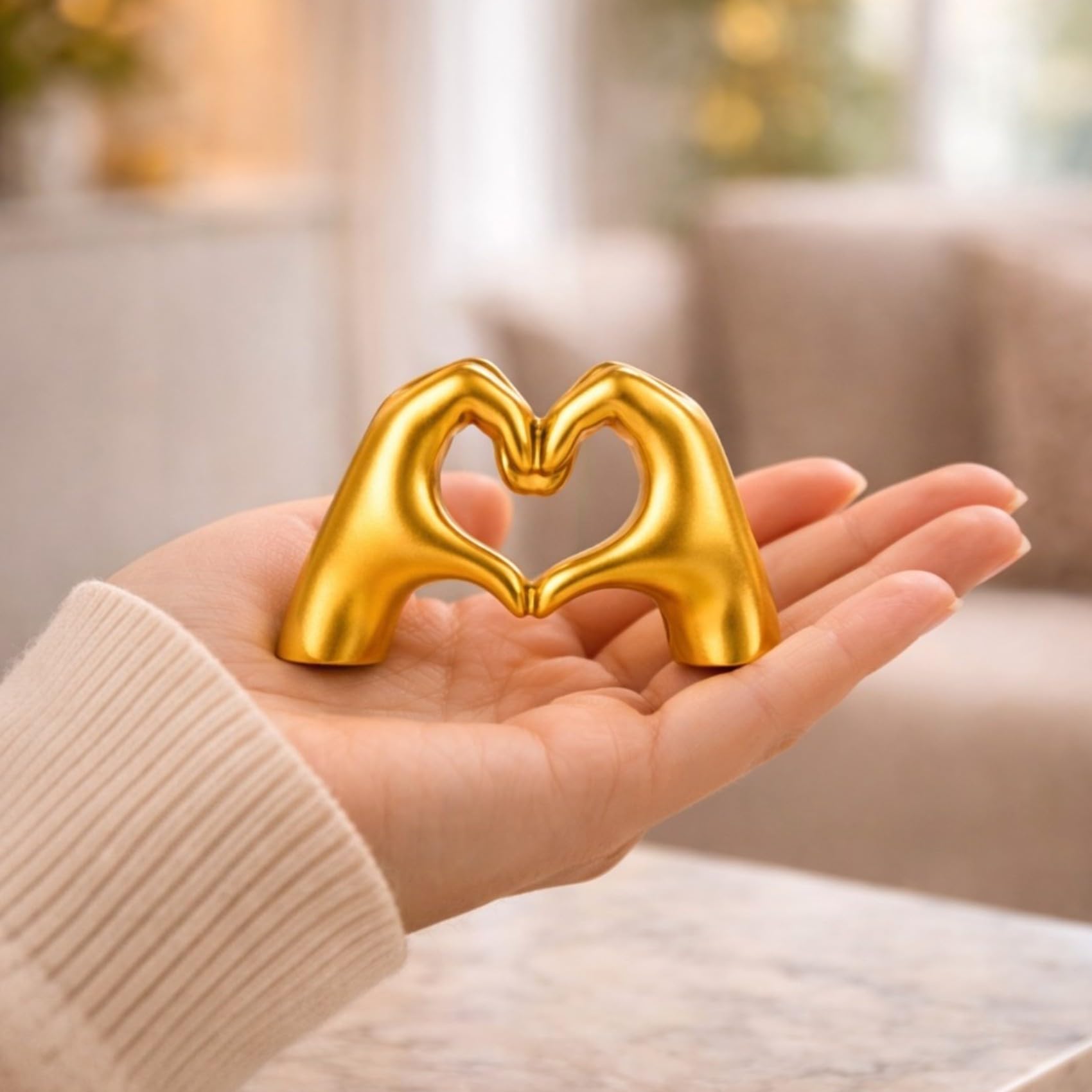 PulGos Golden Hand Heart Statue - Modern Finger Gesture Sculpture & Showpiece for Home Decor | Aesthetic Decorative Items for Living Room, Bedroom, Office Desktop, Bookshelf & Luxury Gifting