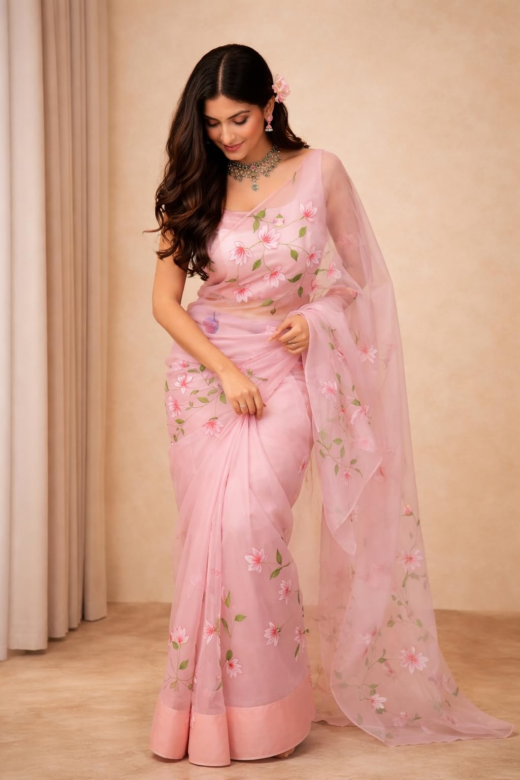 NoseQueen Women's Floral Design Hand Brush Painted Organza Saree with Blouse - Pink