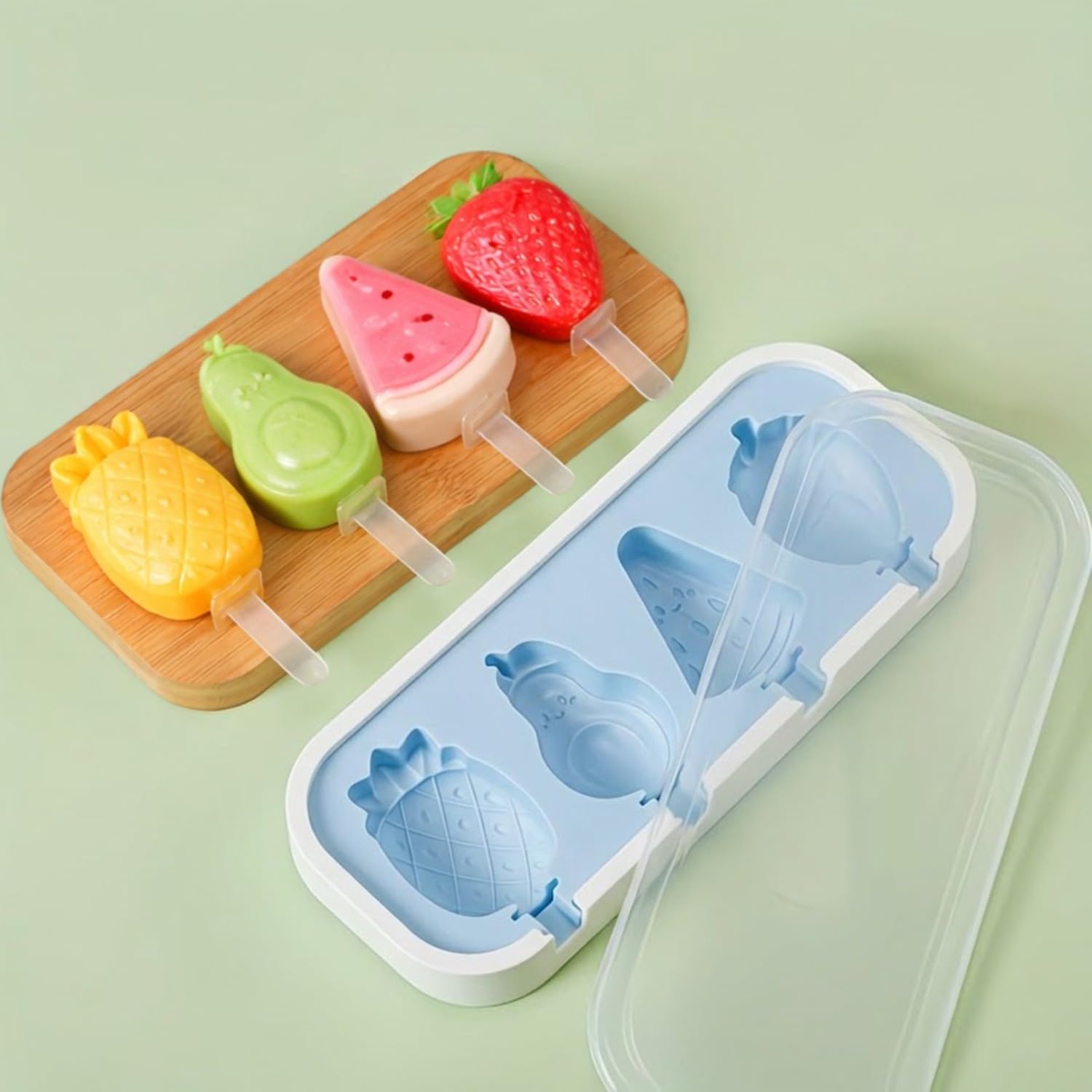 HOMIO 4 Fruit Shape Cavity Non-Stick Silicone Ice Cream Mould with Lid & 6 Plastic Sticks Reusable Ice Lolly, Frozen Candy, Kulfi Molds, BPA-Free Stackable DIY Icecream Popsicle Maker (Multicolor)