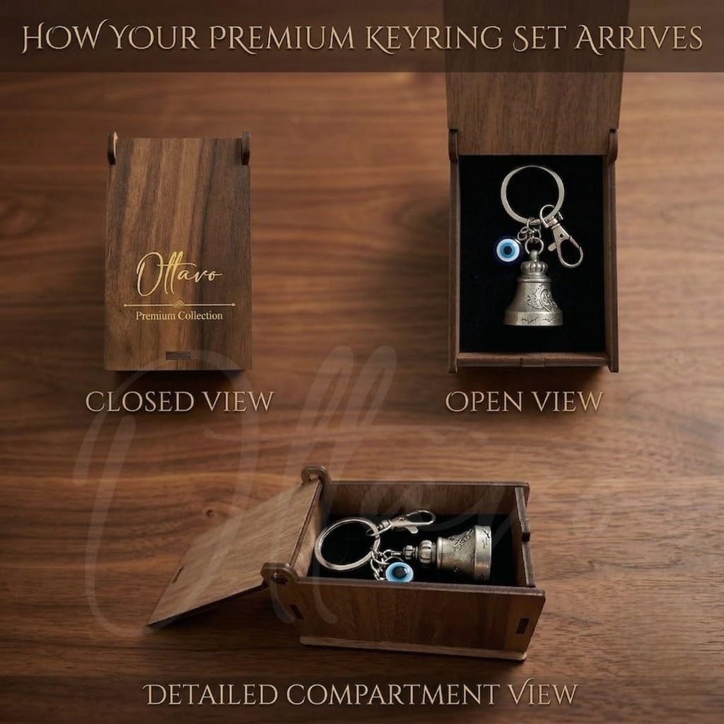 OTTAVO Premium Guardian Bell Keychain for Bike & Car | Tibetan Texture Bell Keychain with Evil Eye & Silver Hook | Good Luck Charm with Laser-Engraved Wooden Gift Box (Antique Brass)