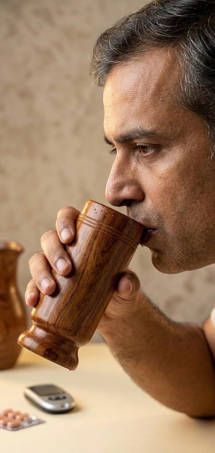 Wooden Cave Vijaysaar Wood Herbal Glass for Diabetes, Ayurvedic Tumbler, 90 ml Capacity, Natural Finish | Sugar Control Vijaysar Wood Glass for Diabetic Patients