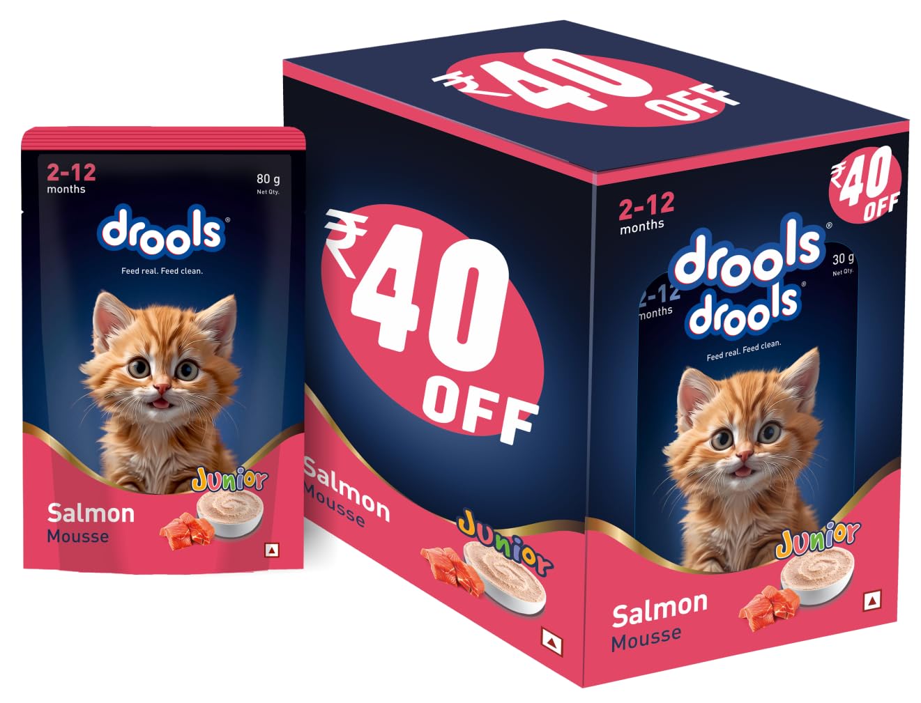 Drools Kitten Wet Mousse 80g Pack of 5, 400g | Salmon Flavour | Rich in Protein | Promotes Hydration & Easy to Digest | No Artificial Flavours | Packed with Essential Vitamins & Antioxidants