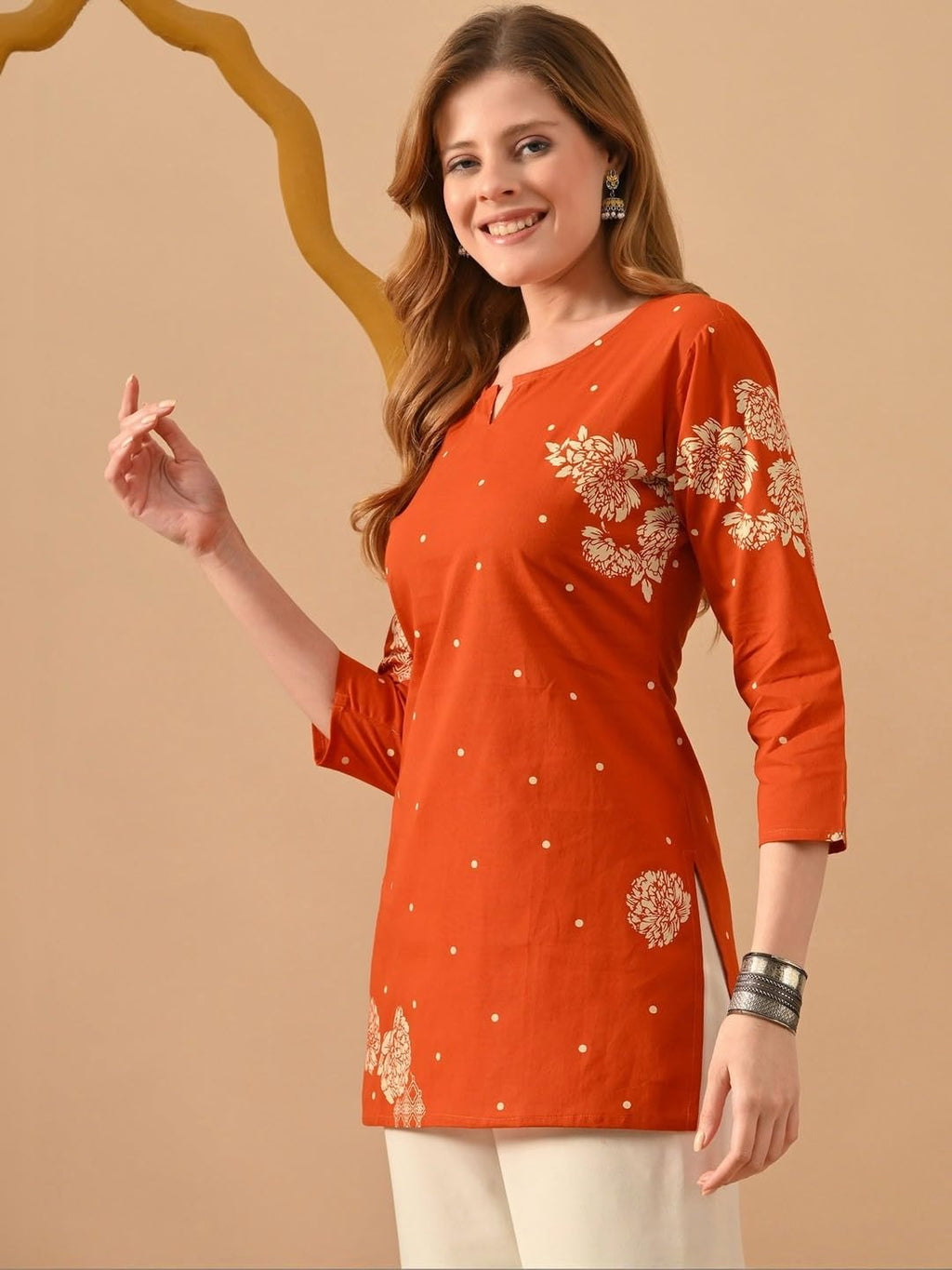 RAINDROP Women’s Printed Short Kurti for Girls | Regular Wear Flared Tunic Top | Stylish & Comfortable Rayon Kurti |Short Kurti Top Rust
