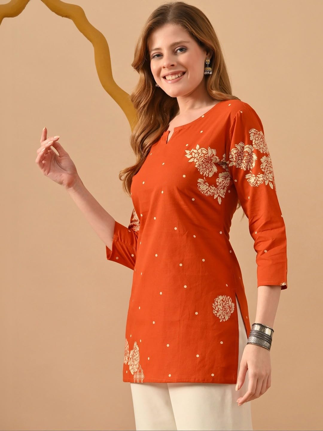 RAINDROP Women’s Printed Short Kurti for Girls | Regular Wear Flared Tunic Top | Stylish & Comfortable Rayon Kurti |Short Kurti Top Rust