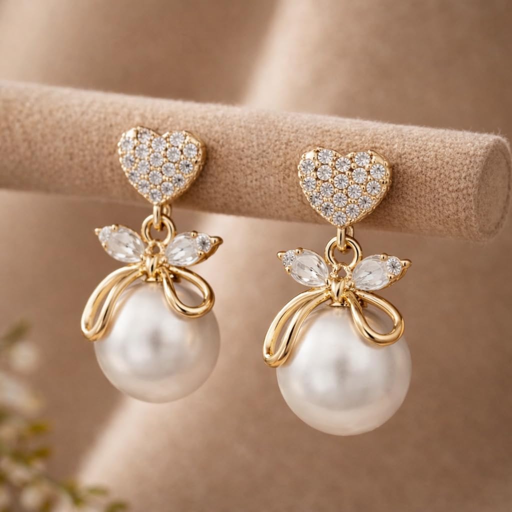 Combo of 3 Latest stylish Pearl earrings set for women and girls | drop earrings, bow earrings & halo earring set | Korean earrings set | Pearl studs earrings for women & Girls
