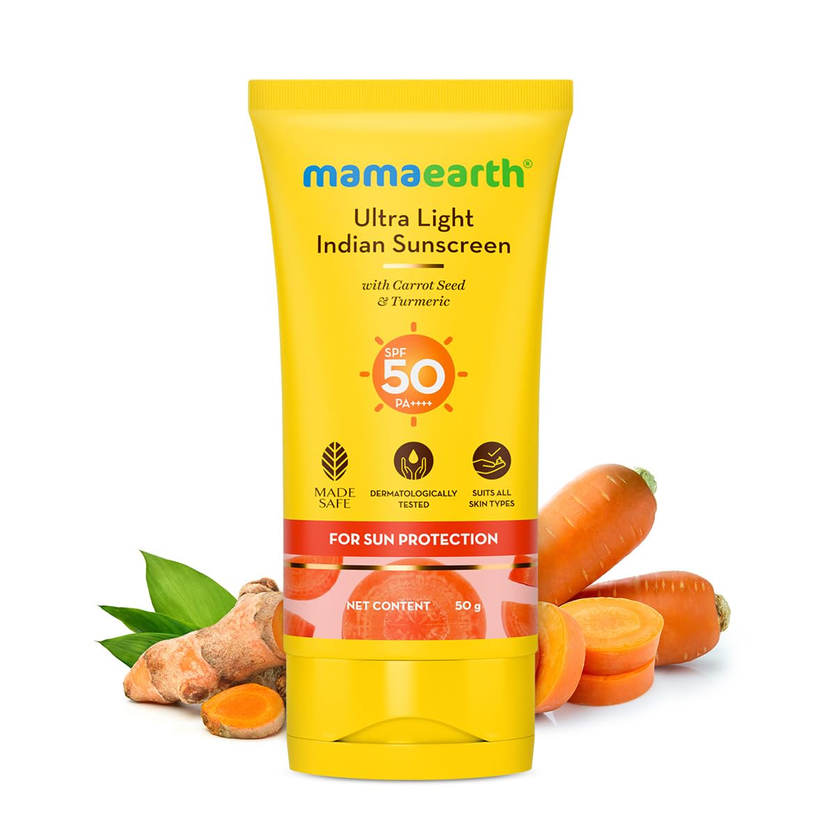 Mamaearth Ultra Light Indian Sunscreen with Carrot Seed & Turmeric | SPF 50 PA ++++ | UVA & UVB Protection | Tan Protection | No White Cast | Non-Greasy & Quick Absorbing | Super Lightweight | Suits All Skin Types | In-Vivo Tested | 50 g