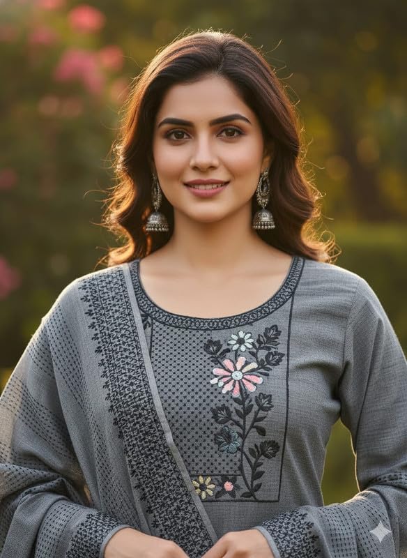 Women's South Cotton Embroidery Work Kurta with Pant & Dupatta GREY GREY_2XL