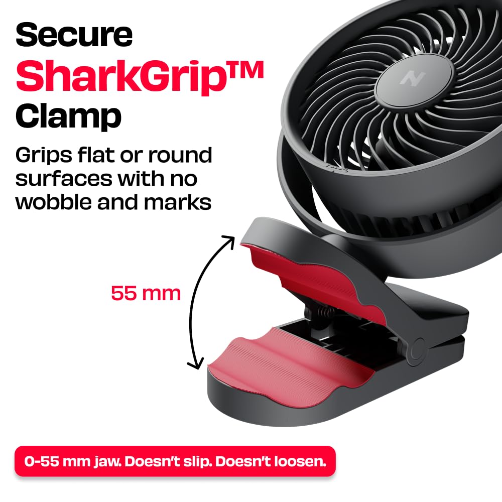 NUUK KLĪP Rechargeable Clip Fan | 3000mAh Battery | Up to 8 hrs Runtime | Super - silent BLDC Motor | 4 Speed Modes | 360° Manual Head Rotation | Strong 0–55mm Clamp | Type-C Charging