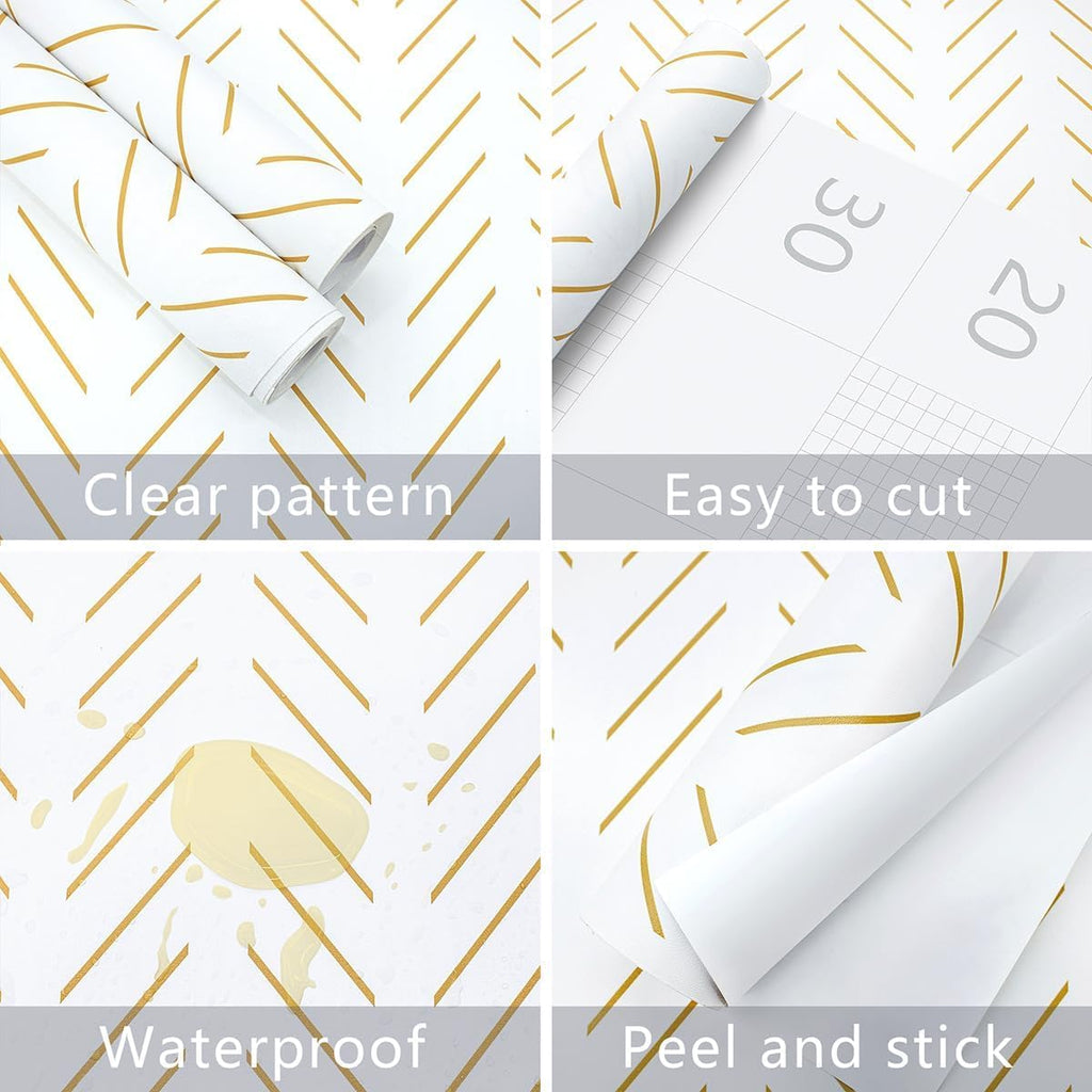 TEKCOOL Beige and White Peel and Stick Wallpaper Modern Herringbone Contact Paper Bathroom 17.7inch x 118.1inch Geometric Removable Wall Paper Peel and Stick Self Adhesive Contact Paper