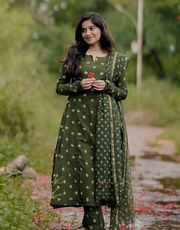 KLOSIA Women's Printed Anarkali Kurta and Pant with Dupatta Set (in, Alpha, L, Green)