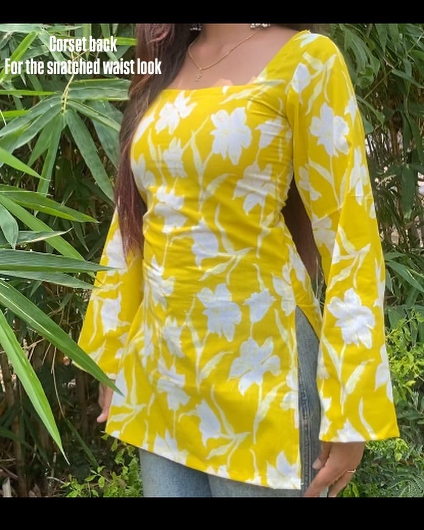 ALENJAN Rayon Floral Print Short Kurti for Women | Square Neck Long Sleeve Top for Women | Criss Cross Back Desing Kurti | Soft Breathable Fabric | Relaxed Fit | Casual and Office Wear | Mustard | M