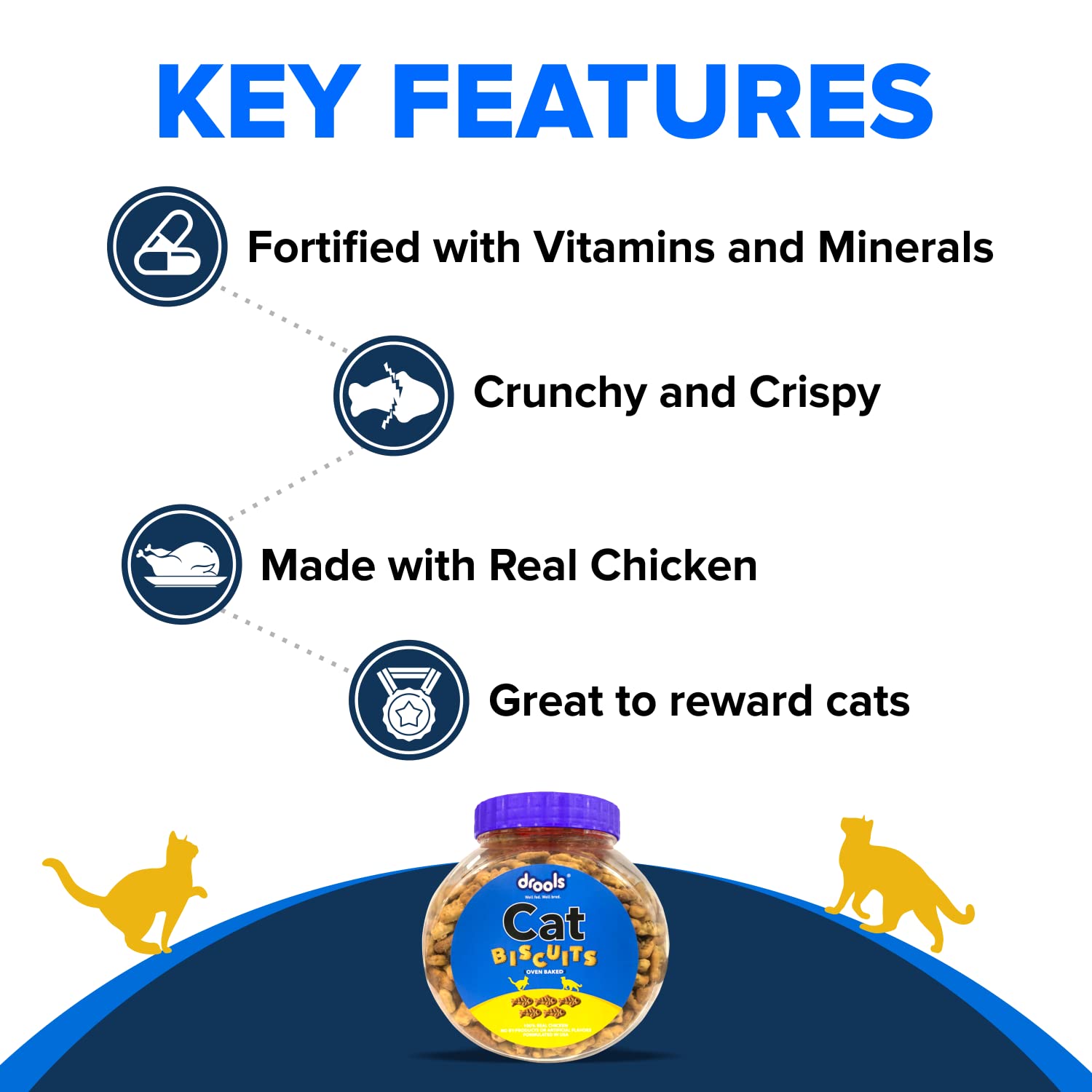 Drools Adult Cat Treat Biscuits 400g Jar | Real Chicken Flavour | Encourages Activity | Supports Oral Health | Training & Discipline