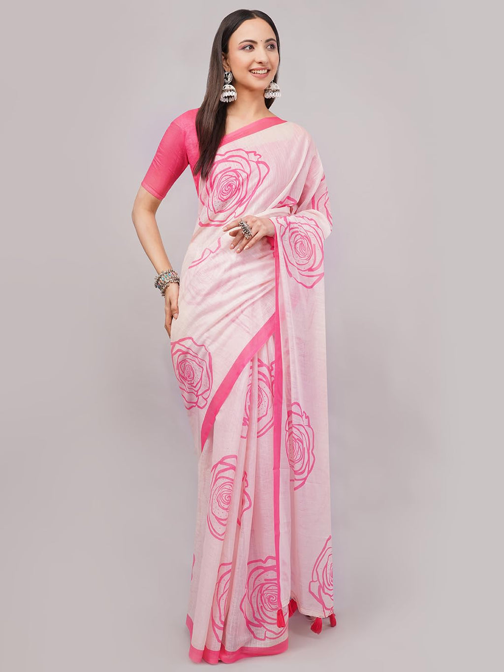 SAMANTHA Womens Peach Pink Large Rose Outline Print Linen Saree With Solid Unstitched Blouse Piece