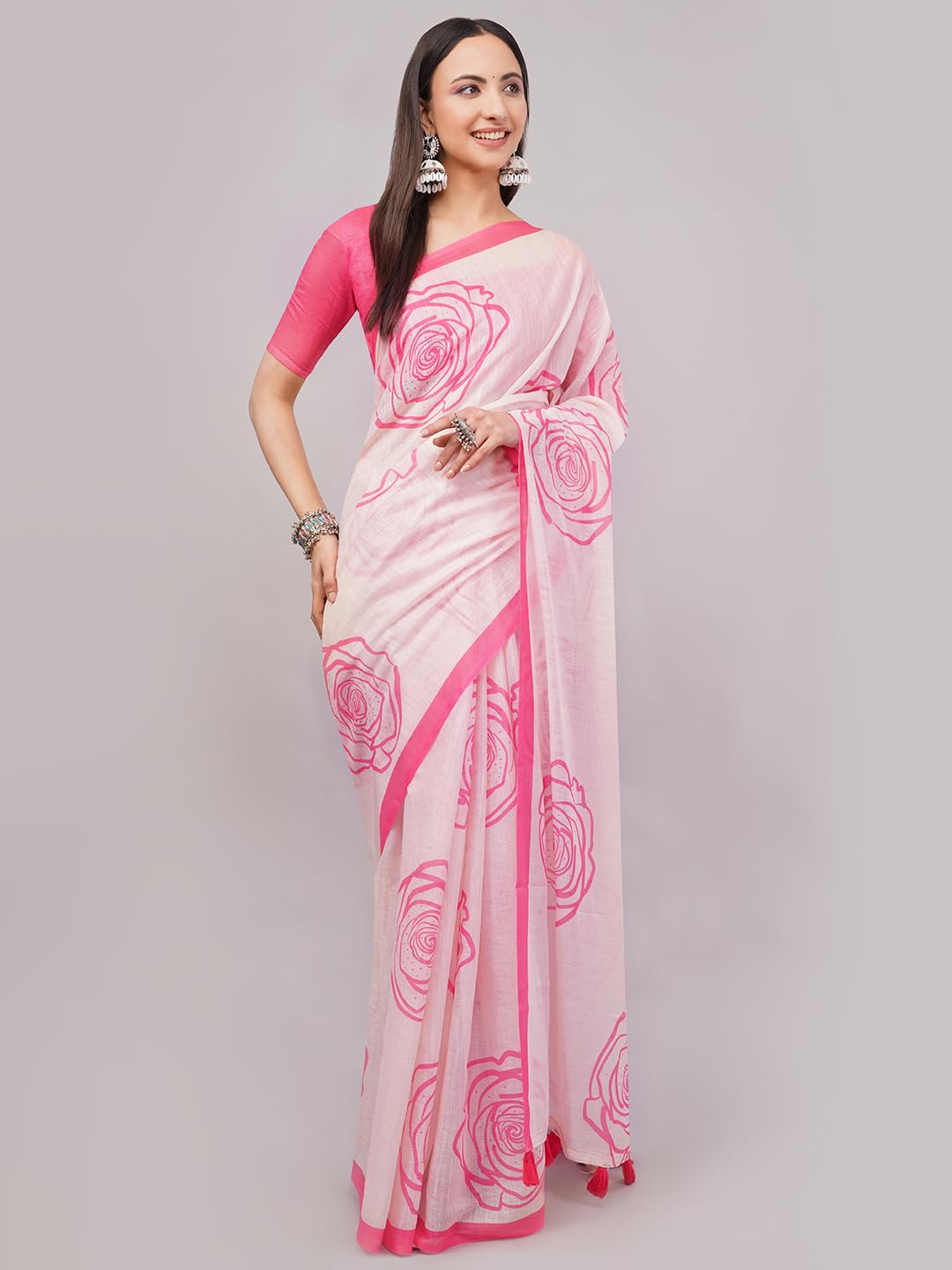 SAMANTHA Womens Peach Pink Large Rose Outline Print Linen Saree With Solid Unstitched Blouse Piece