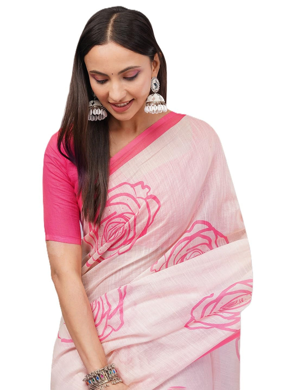 SAMANTHA Womens Peach Pink Large Rose Outline Print Linen Saree With Solid Unstitched Blouse Piece