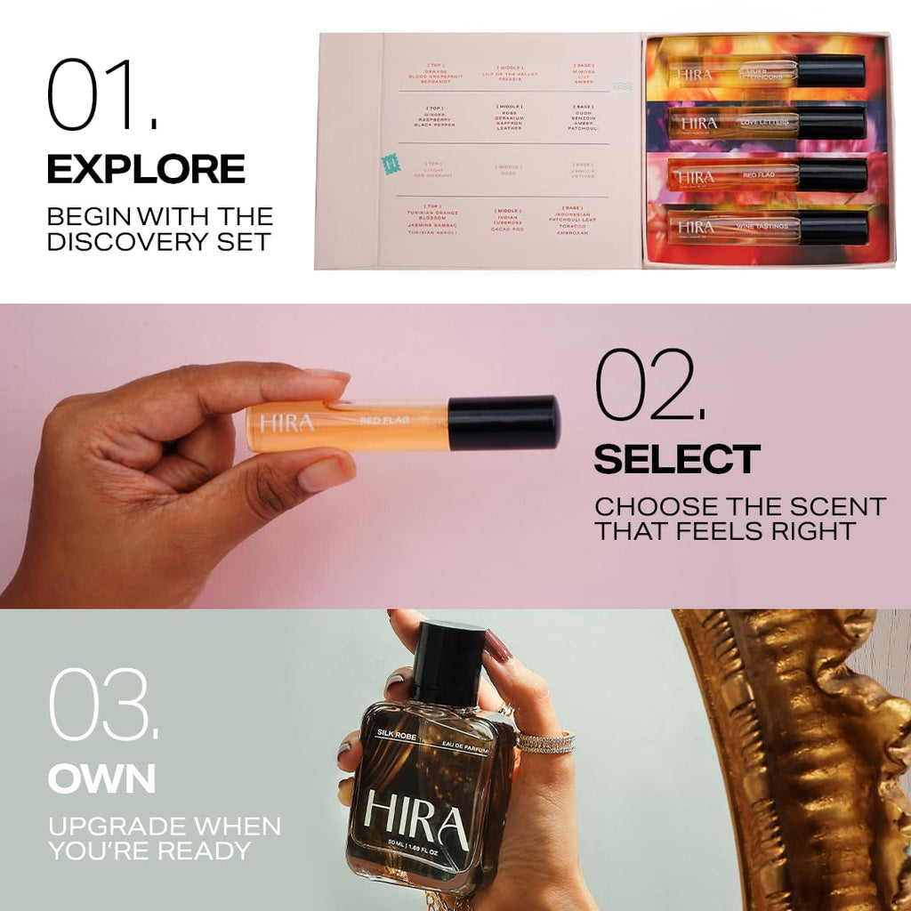 HIRA Discovery Gift Set for Women | 4 x 10 ml 8 Hours Long Lasting Luxury Premium Fragrances | Summer Afternoon, Wine Tastings, Love Letters, Red Flag | Gift for Wife, Girlfriend
