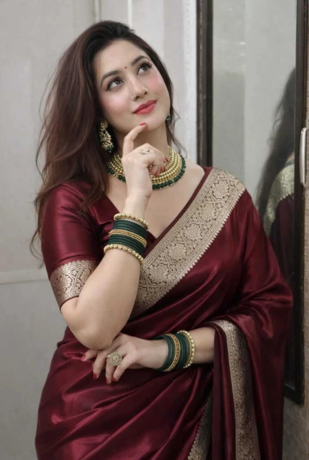 Rabbaitul Bait Banarasi Satin Kanjivaram Saree Wine Silver Zari Pure Soft Blend Silk Sari Satin Women Kanchipuram Paithani Silk Party Wedding New Ladies Wine Color Sadi with Blouse Piece (Maroon)