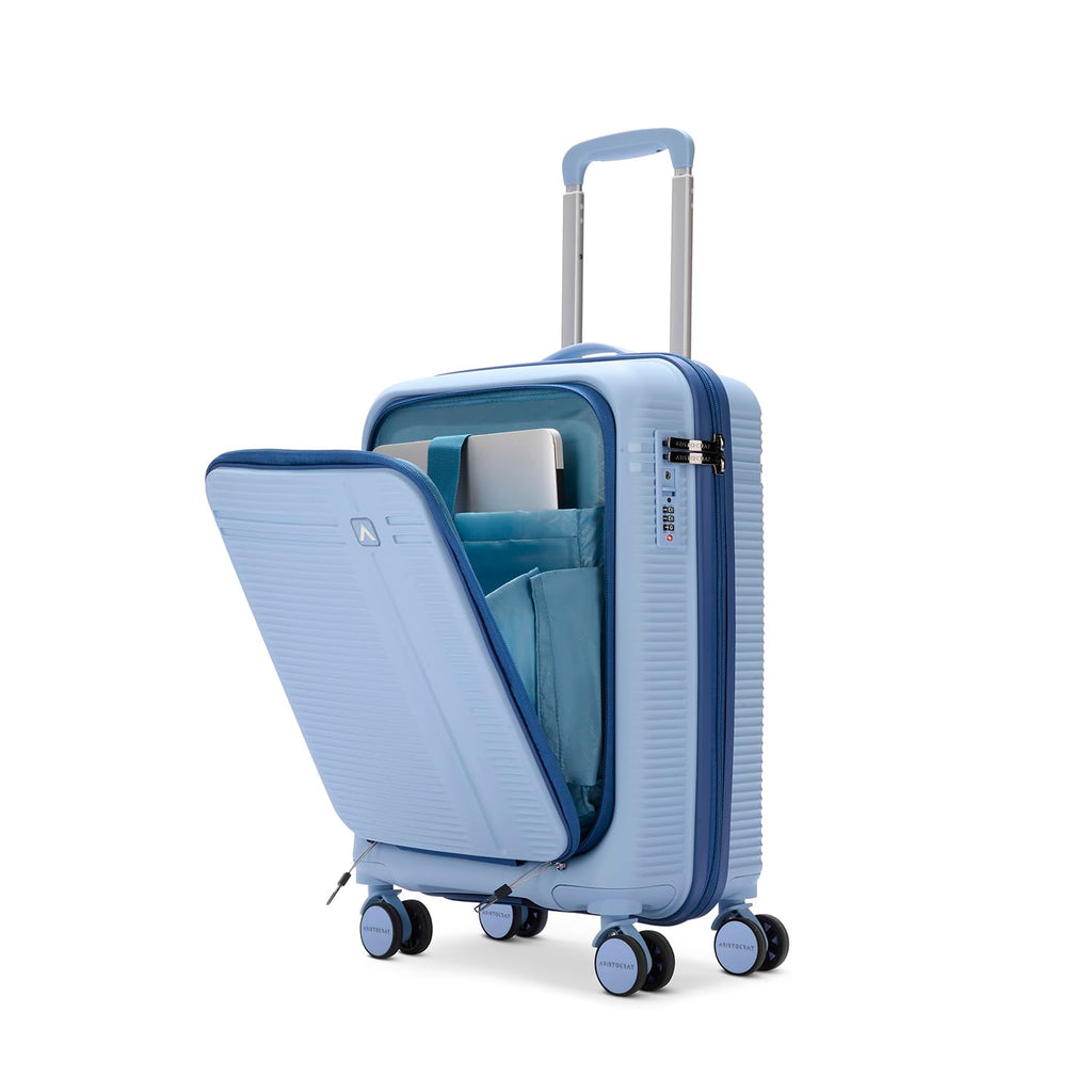 Aristocrat Solana Cabin Trolley Bag 53cm | Small | Hard Luggage | 8-Wheel Suitcase with Laptop Compartment for Business Travel | TSA Lock with Anti-Theft Zipper | 3 Years International Warranty (Blue)