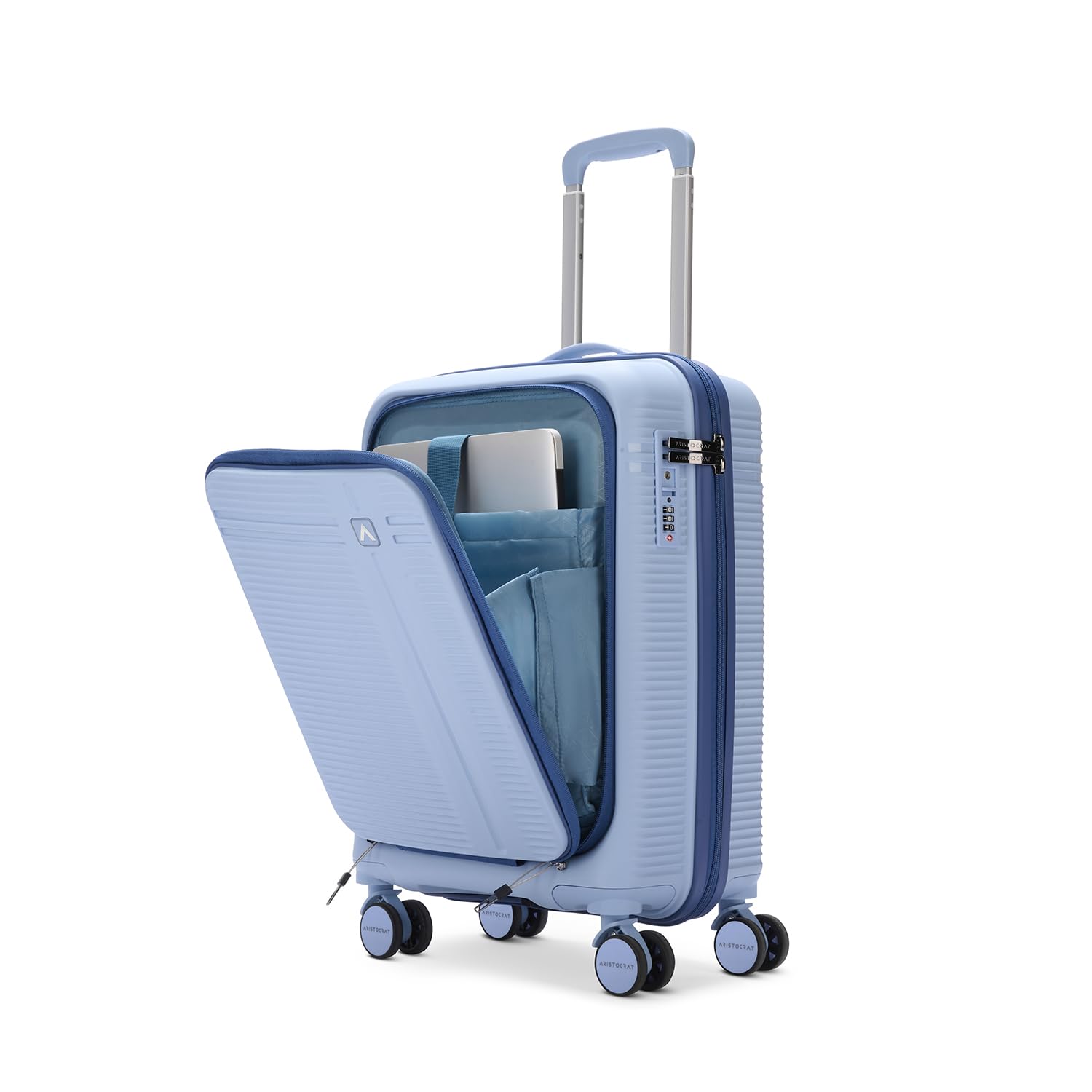 Aristocrat Solana Cabin Trolley Bag 53cm | Small | Hard Luggage | 8-Wheel Suitcase with Laptop Compartment for Business Travel | TSA Lock with Anti-Theft Zipper | 3 Years International Warranty (Blue)
