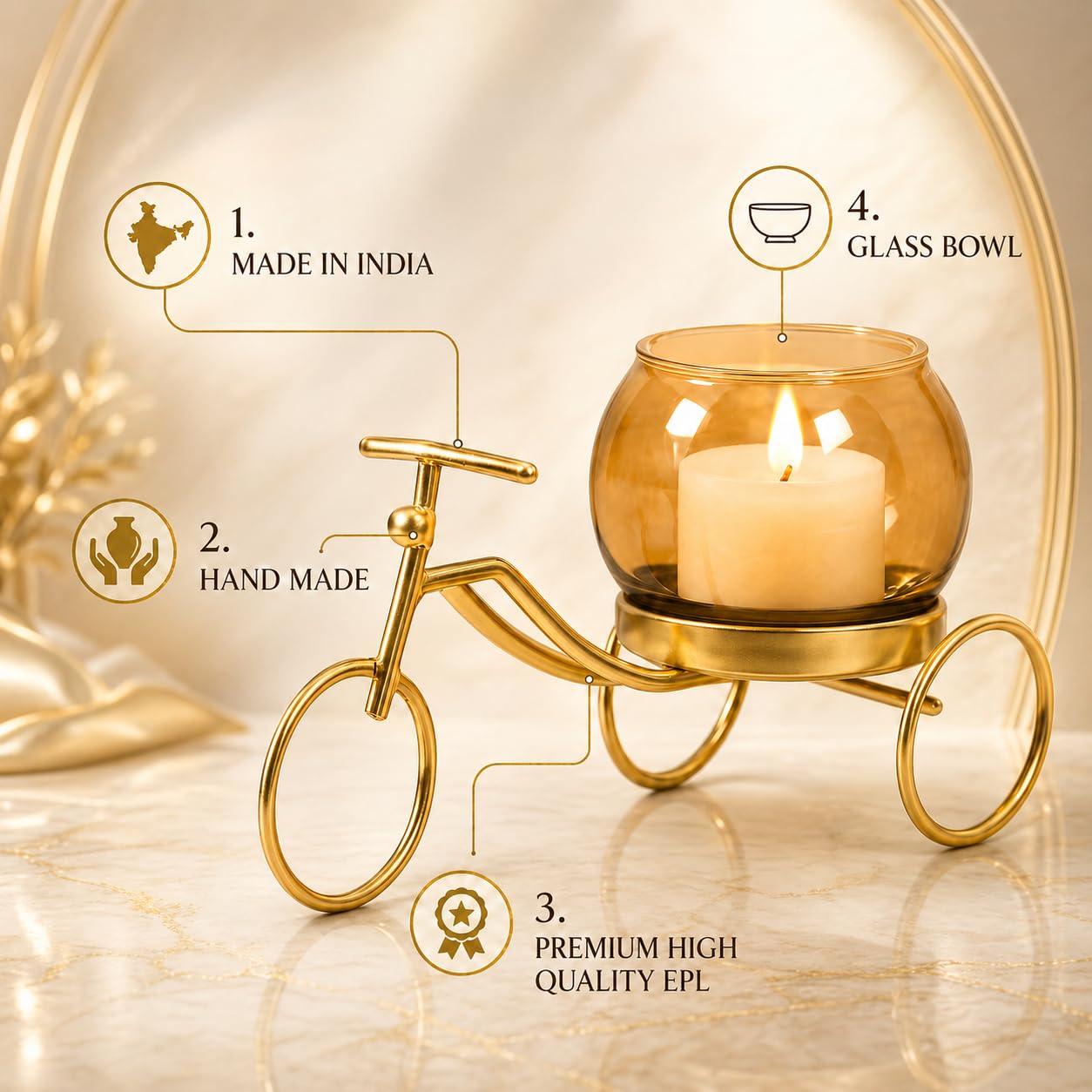 CentraLit Decorative Metal Tricycle Candle Holder with Glass Bowl | Gold Tea Light Holder Stand, Vase for Home Decor, Decorative Plant Pot for Living Room, Aesthetic Home Decor Item & Return Gift