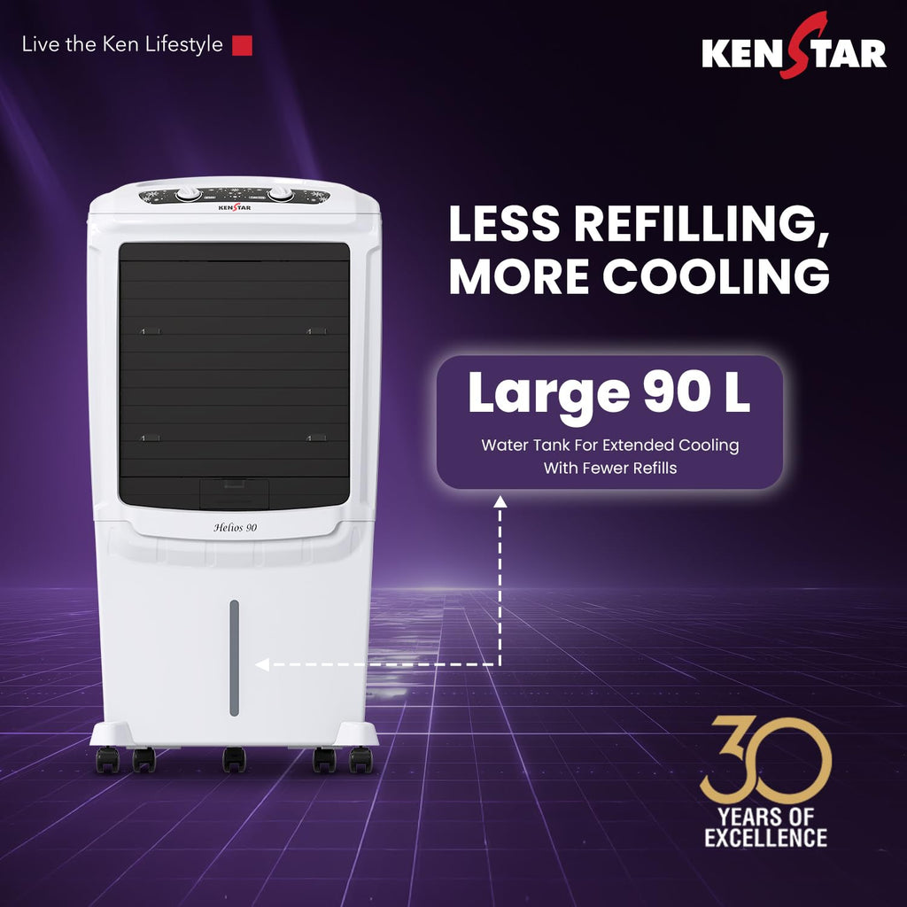 Kenstar Helios HC 90 Desert Air Cooler 90L|5 Star BEE Rated|5 Year Motor & Pump Warranty |50 ft Air Throw I Honeycomb Cooling|3-Speed | Water Level Indicator | Collapsible Louvers I Off White & Black