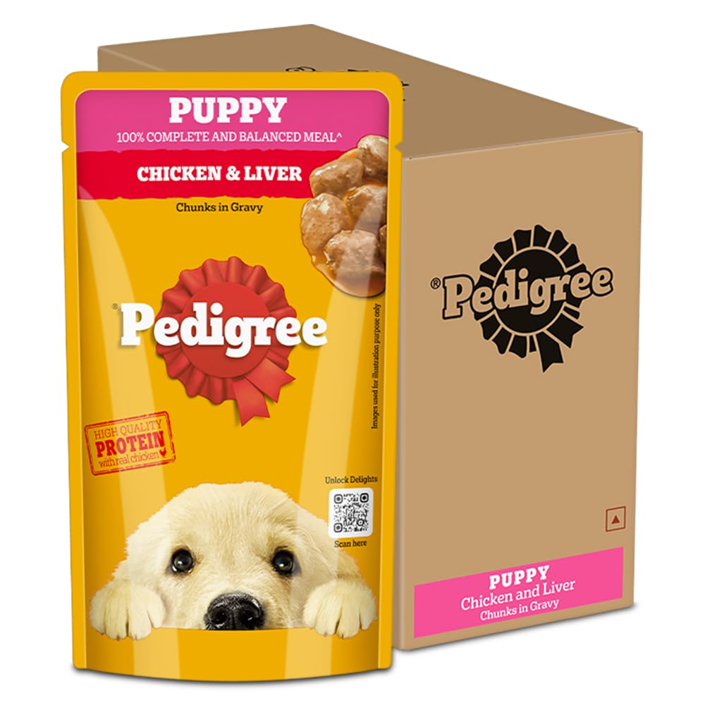 Pedigree Puppy Wet Dog Food, Chicken Chunks in Gravy, 130 g (Pack of 12), Complete & Balanced Meal for Puppies