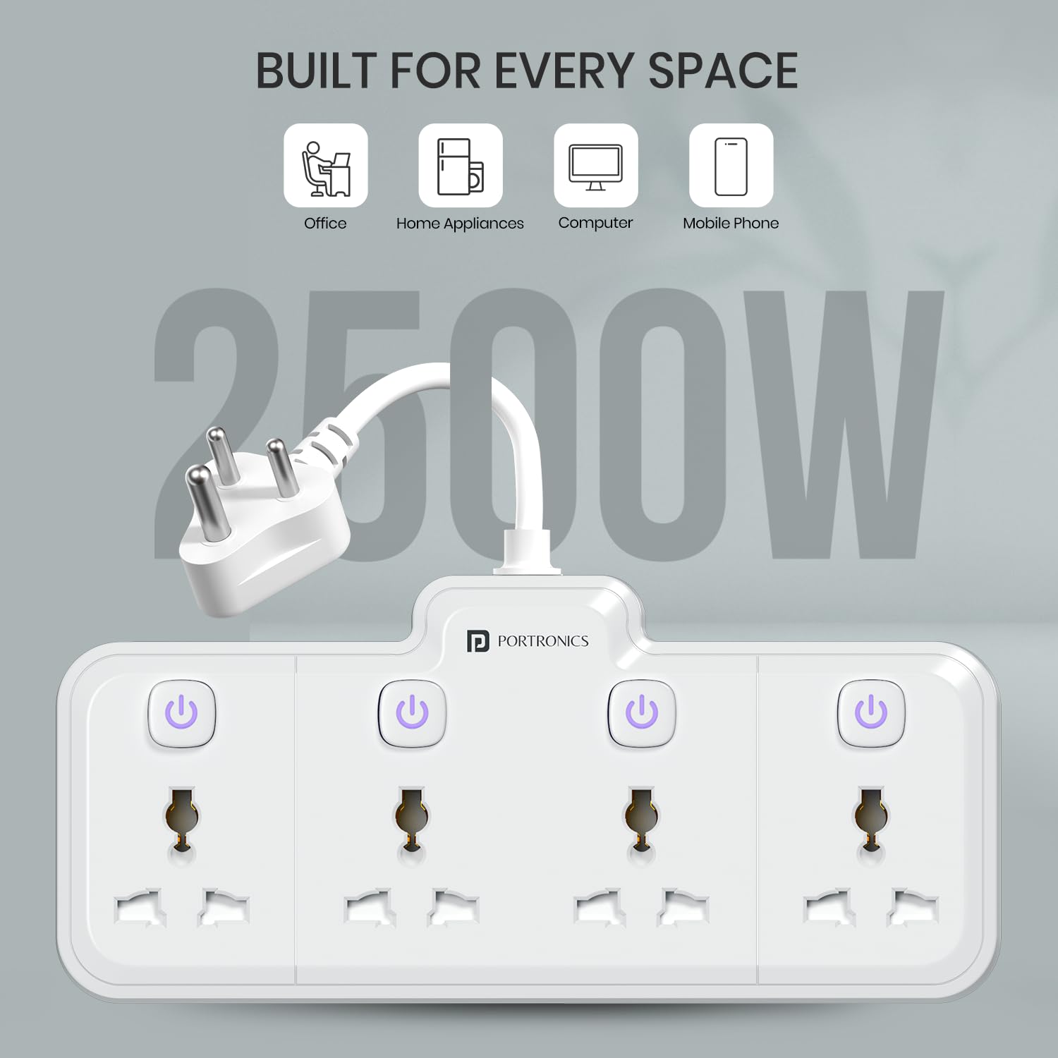 Portronics 2500W Power Plate Pro 4-in-1 Power Extender with 4 Universal Sockets, Individual Switches, 180° Flexible Cord, Child Safety Shutters, for Home, Office, Laptops, Mobiles & Appliances
