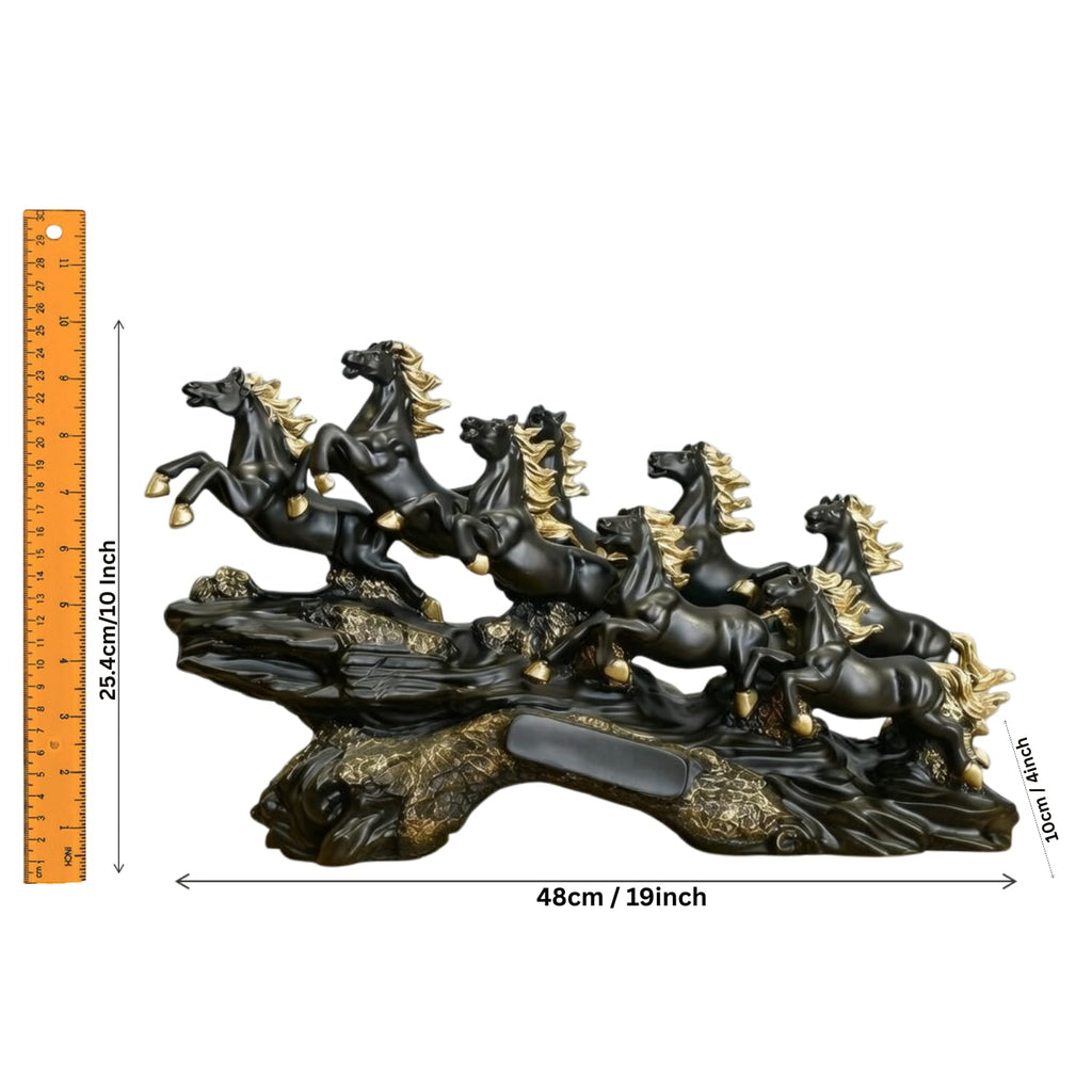 UAG Exports 7 Running Horses Resin Statue Feng Shui & Vastu Lucky Decor for Home, Office, Living Room, Shelf | Symbol of Wealth & Success | Housewarming, Birthday Gift (Black-Matt, Wave Base)