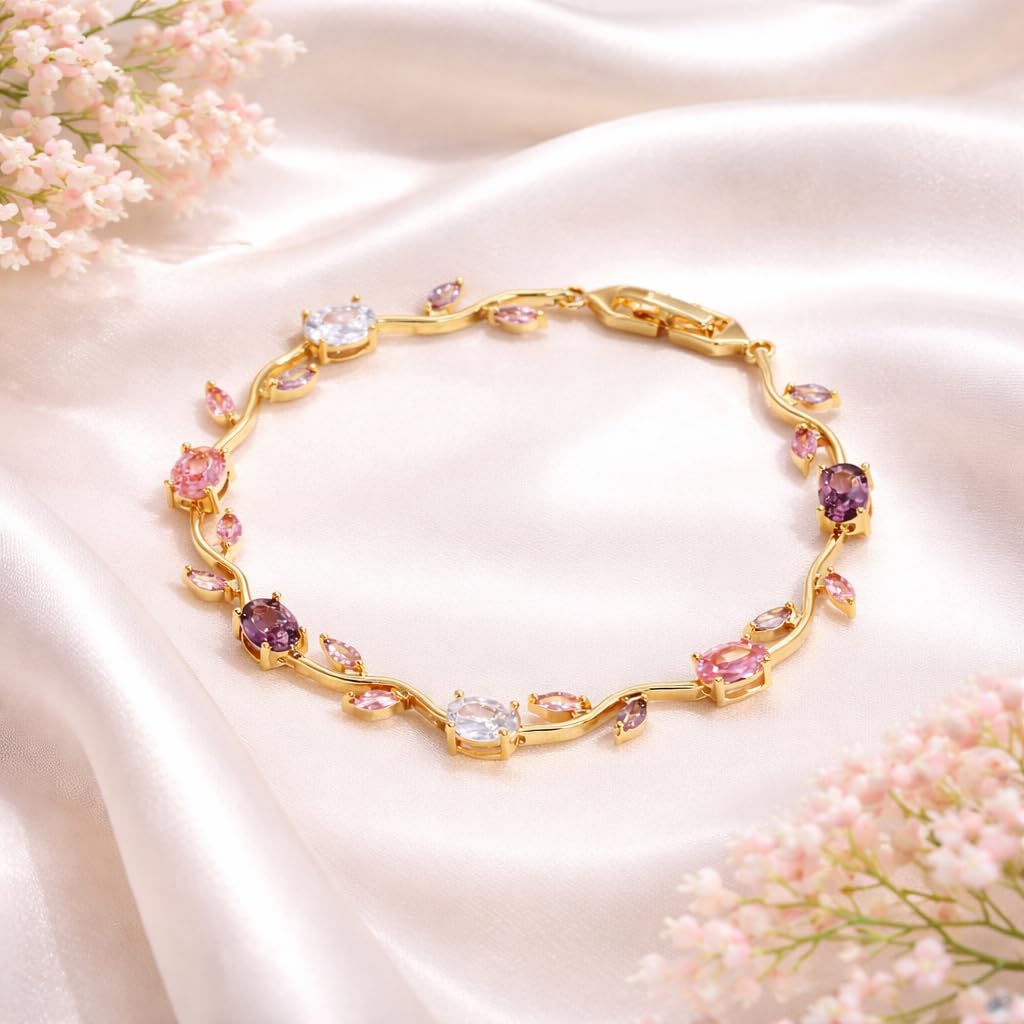 H&K Jewels Tulip Bracelet with Multicolour Oval and Marquise Cut Crystals, Elegant Floral Style|Purple&Pink Gemstones|Anti-Tarnish|Vine Korean Design|Gift for GF ands Wife