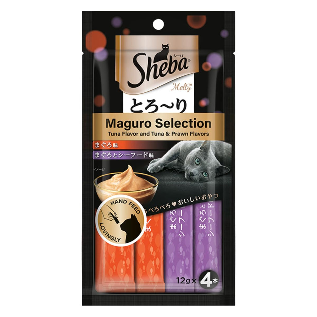 Sheba Melty Premium Lickable Creamy Cat Treats, Maguro Selection – Tuna & Tuna & Prawn Flavors, 4 Sticks x 12g (48g), Creamy Treats for Bonding