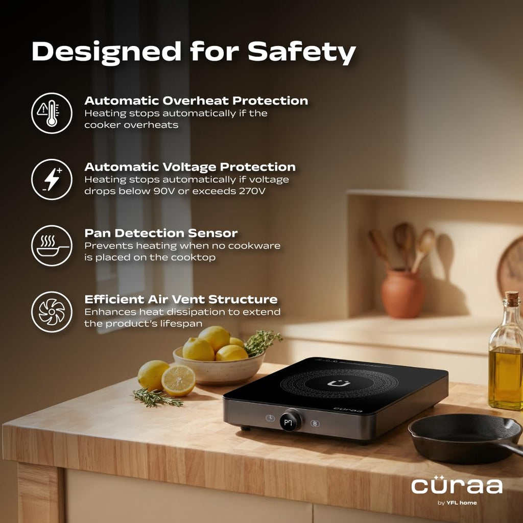 Cüraa IndiePro 2100 Watts Induction Cooktop for Indian Kitchens | 6 kV Surge Protection Design for Safety | Rotary Knob control with Timer | Incremental Heat Adjustment | 2 Year Warranty