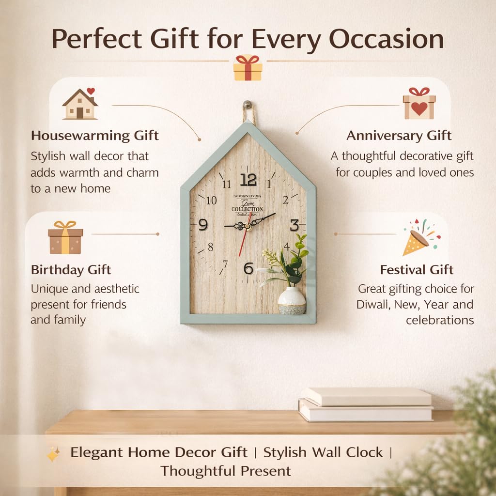 CraftVatika Wooden House Shape Wall Clock for Home Decoration | Decorative Analog Wall Clock with Mini Flower Vase | Modern Wooden Clock for Living Room Bedroom Office Interior