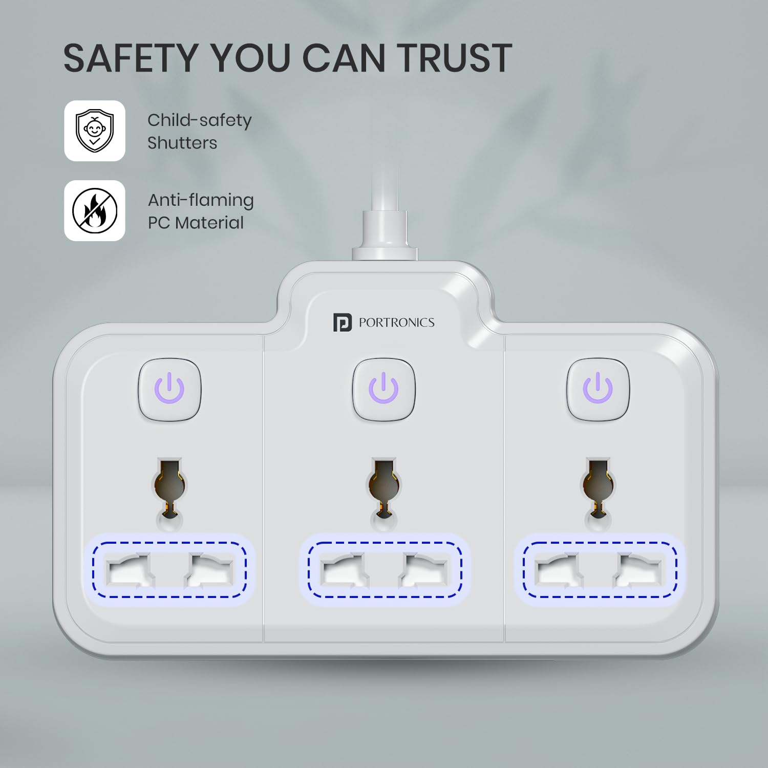 Portronics 2500W Power Plate Nano 3-in-1 Power Extender with 3 Universal Sockets, Individual Switches, 180° Flexible Cord, Child Safety Shutters, for Home, Office, Laptops, Mobiles & Appliances