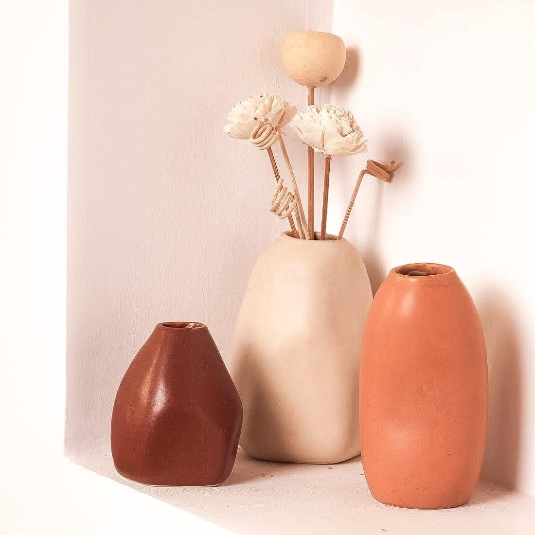 PUREZENTO Rustic Ceramic Bud Vase - Set of 3 | Centerpiece & Showpiece for Home Decor, Living Room, Bookshelf & Tabletop Styling | Decorative Vase for Pampas Grass, Dried & Artificial Flowers