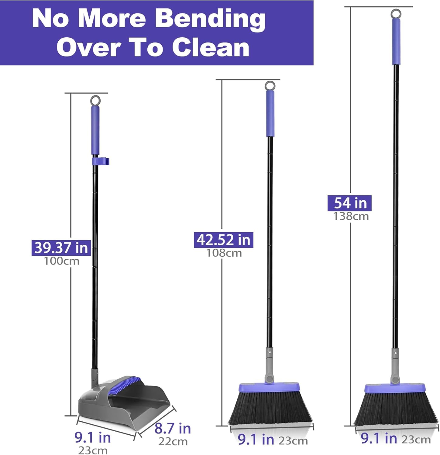 SELLWIZE Broom and Dustpan Set for Home, Long Adjustable Handle Broom with Stand Up Dustpan, 180 Degree Rotating Broom Head & Comb Teeth - Indoor Sweeping Combo for Kitchen Lobby Floor Office