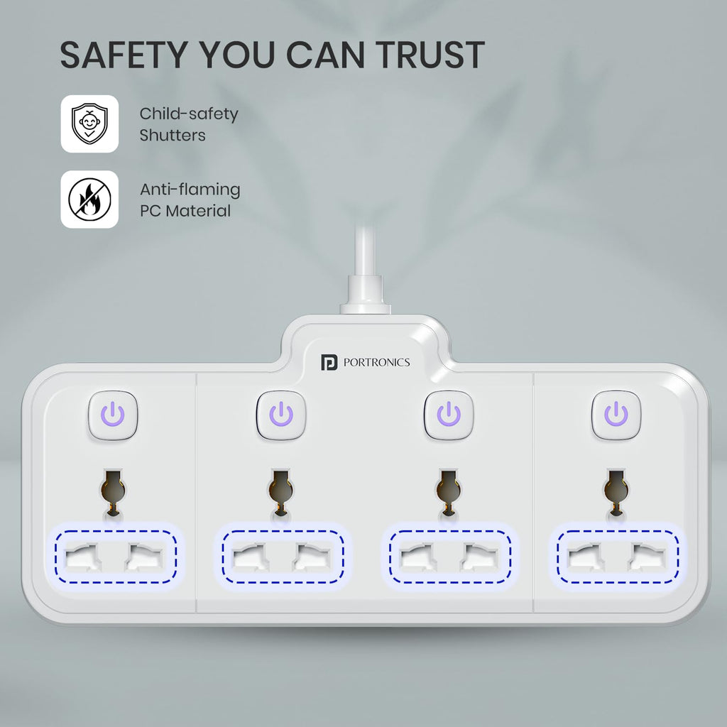 Portronics 2500W Power Plate Pro 4-in-1 Power Extender with 4 Universal Sockets, Individual Switches, 180° Flexible Cord, Child Safety Shutters, for Home, Office, Laptops, Mobiles & Appliances