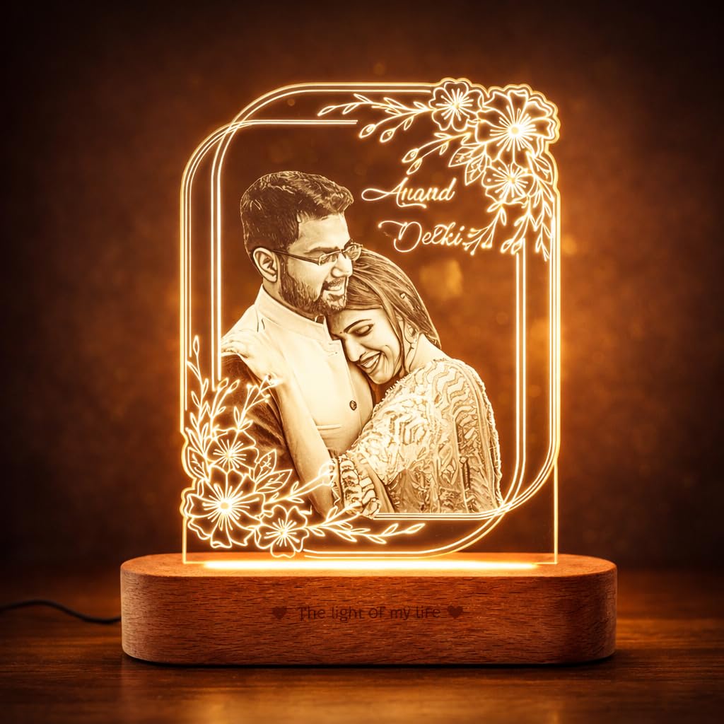 ZOCI VOCI Personalized Valentine for Couple Gift - LED Photo Frame | Customized Anniversary for Gift Wife & Husband | Photo Engraved Lamp (Warm Light, B&W - Engraving)