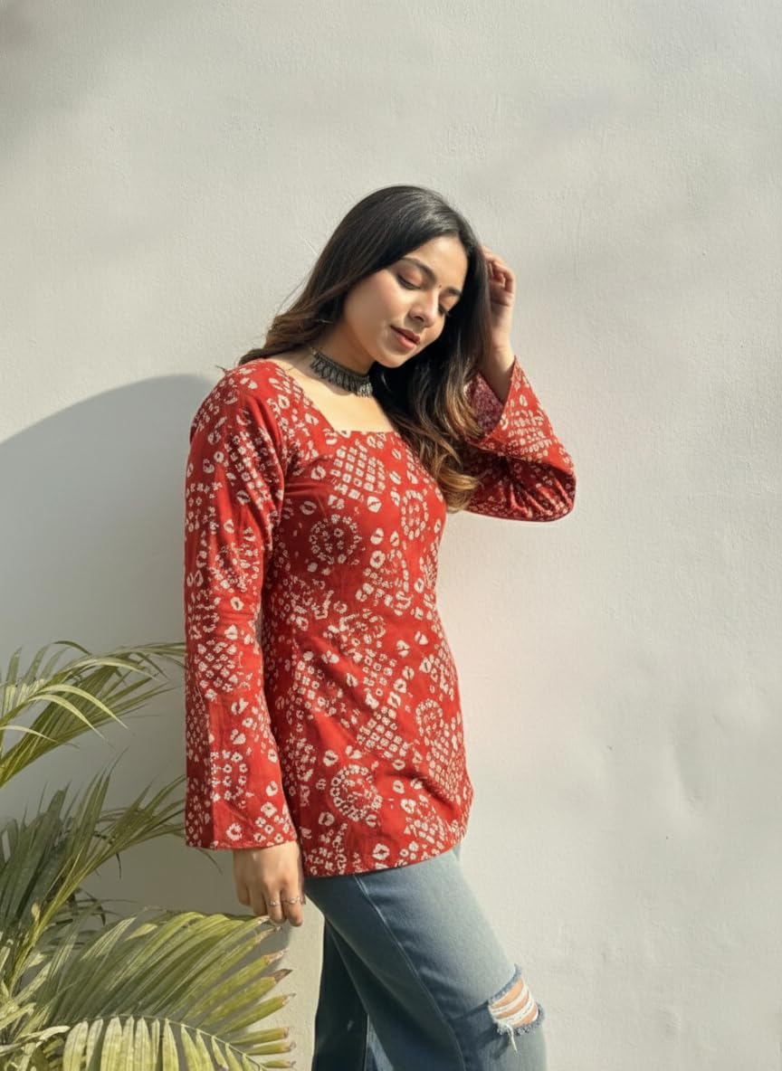 ANNI Designer Women's Viscose Blend Printed Short Kurti (NABILA RED_S_Red_Small)