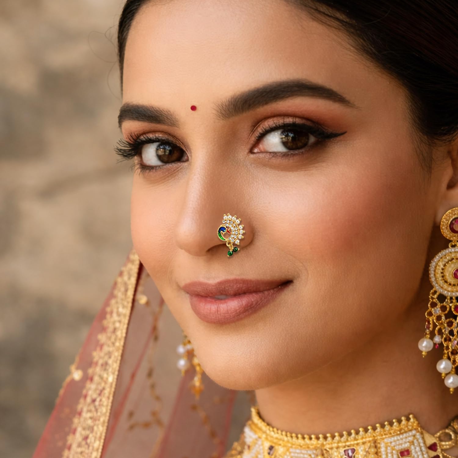 VAMA FASHIONS Gold Plated Maharastrian Marathi Nathni Pearl Nose Ring Pressing Nosepin Bridal Piercing Nosering Clip on Nath For Women (Maharashtrian Nose Pin)