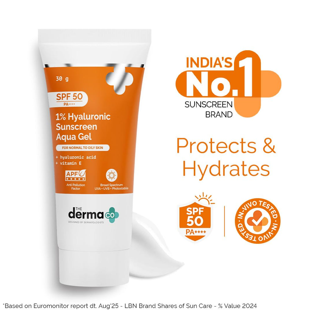 The Derma Co 1% Hyaluronic Sunscreen Aqua Gel SPF 50 PA++++ | Hydrating, Lightweight & Non-Greasy | No White Cast | Broad Spectrum & Blue Light Protection | Clinically Tested - (In-Vivo) | 30 g