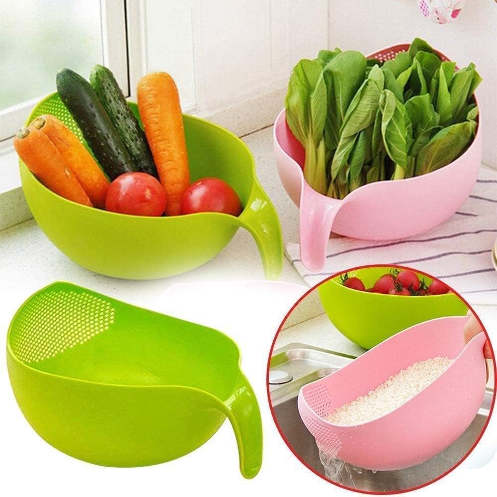 RICH MORE Plastic Rice Washing Bowl with Strainer, Green, 11x6x5 inch, Kitchen Colander with Handle