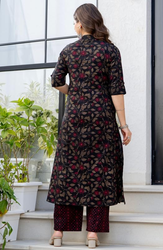 rytras Women's Pure Cotton Printed A-Line Kurta Set with Palazzo Pants|Ethnic wear|Kurta Set for Women(Black,RYT739,L)