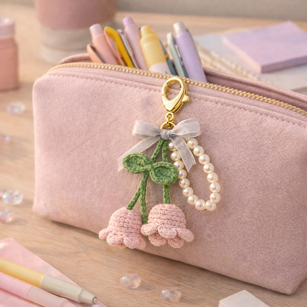Handmade Crochet Cherry Keychain with Pearl Loop & Gold Clasp | Cute Pink Yarn Bag Charm for Girls & Women | Aesthetic Bike Key & School Bag Accessory